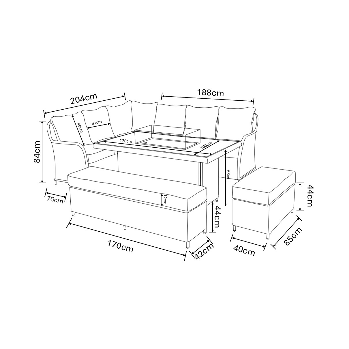 Eton Grand Rectangular Casual Dining Set with Gas Fire Pit dimensions